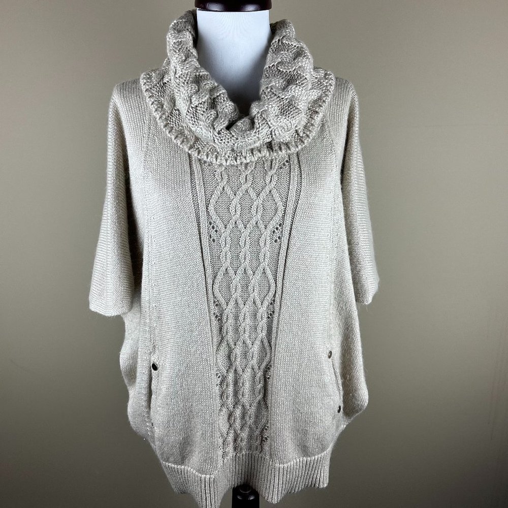 WHBM Women's Cowl Neck Sweater Size S Tan, Pockets, Short Sleeve, Cable Accent
